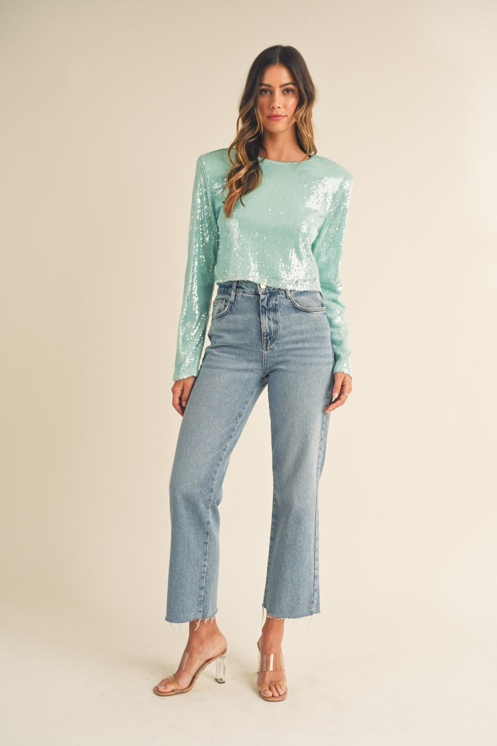 MABLE Shoulder Padded Sequin Crop Top - NeoKira Unlimited