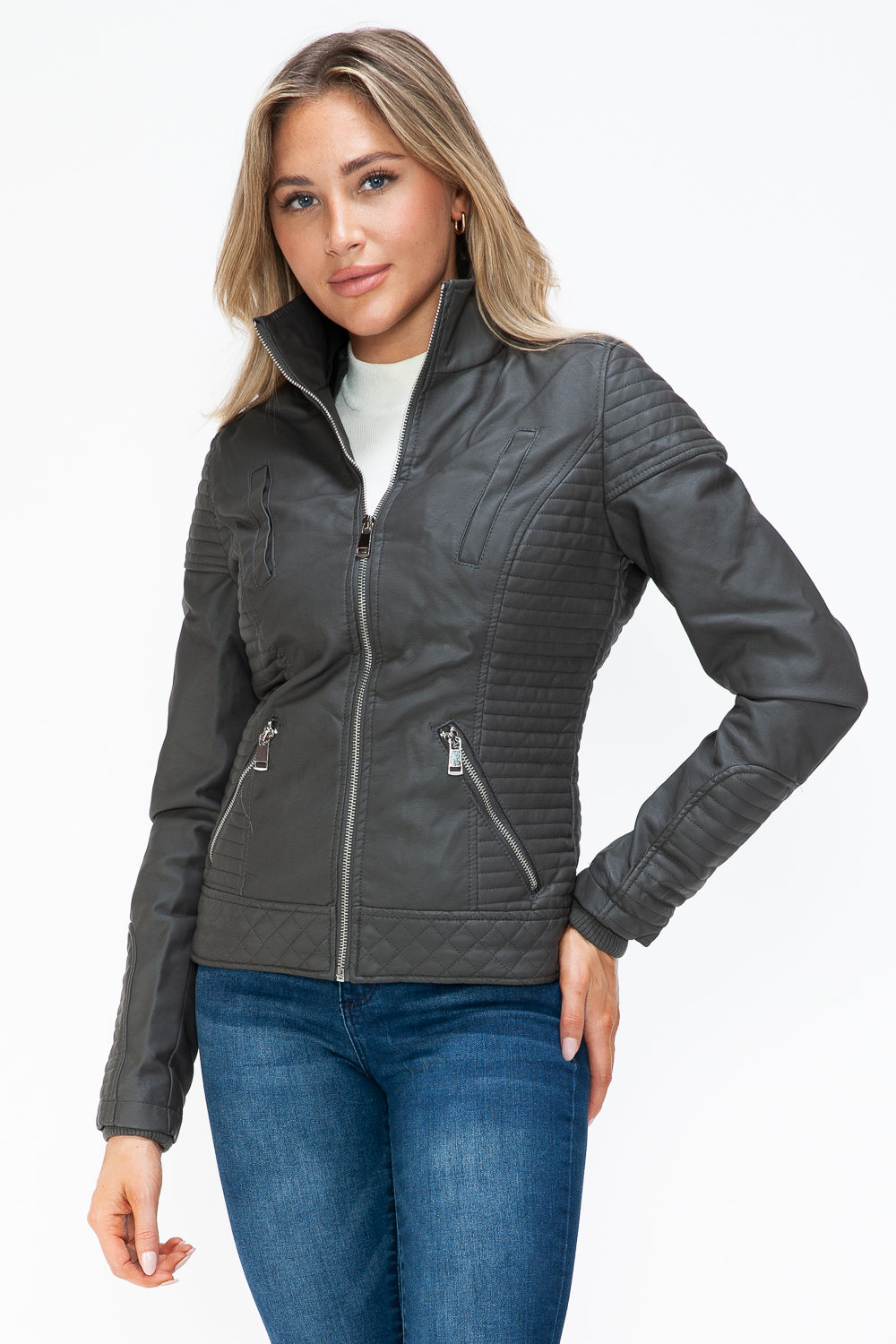 YMI Faux Layered Double-Zipper Jacket with Fuzzy Hood - NeoKira Unlimited
