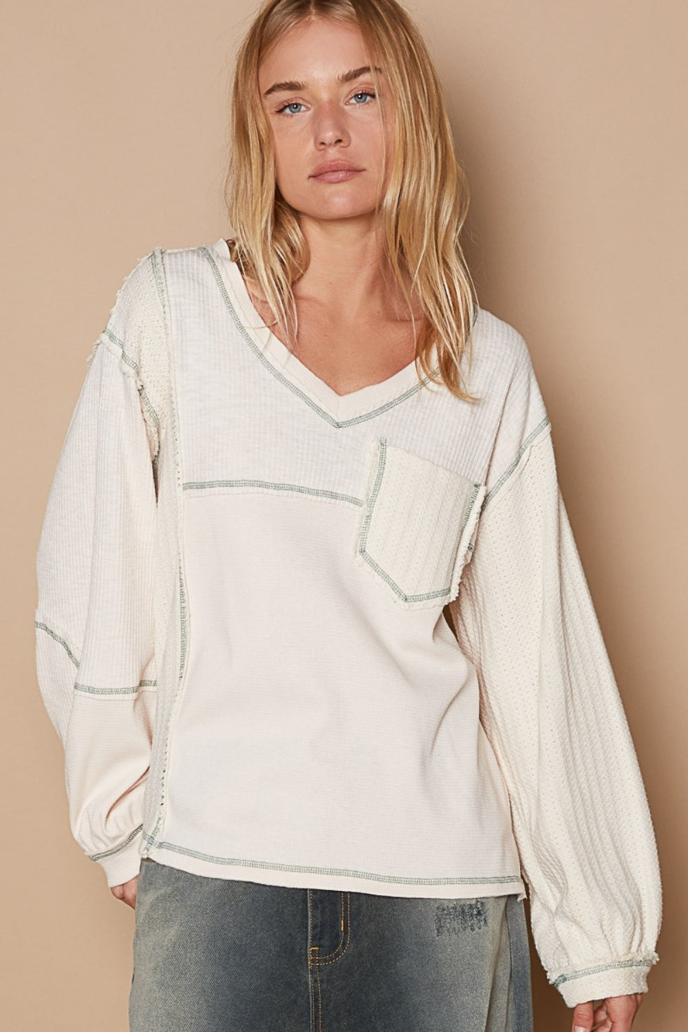 POL V-Neck knit Panel Exposed Seam Top Top Trendsi Cream S 