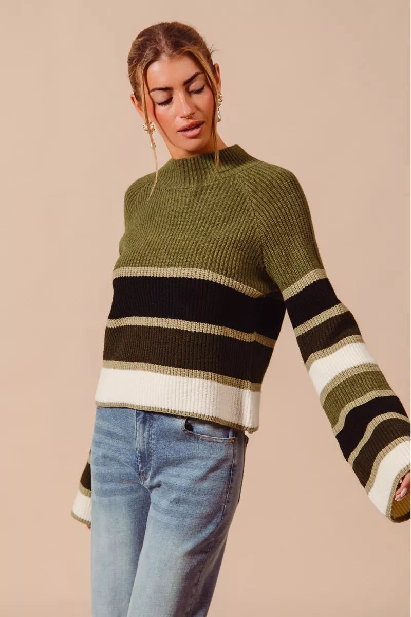 SO ME Playful Retro Multi Color Striped Mock Neck Sweater - NeoKira Unlimited