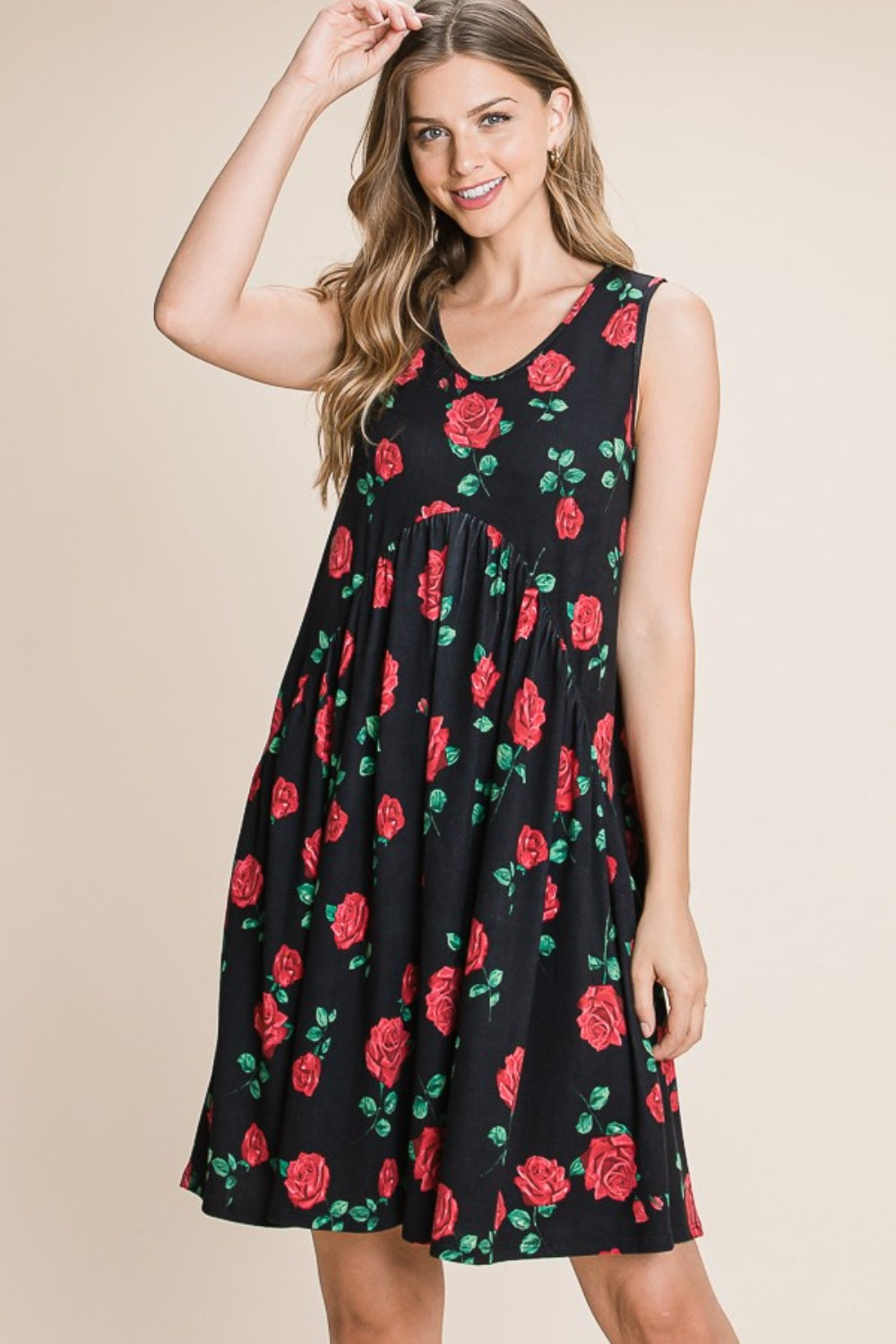 BOMBOM Floral Ruched Tank Dress Mini Dress Trendsi   