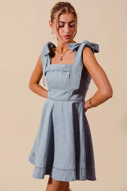 SO ME A Line Fit and Flare Diamond Bow Ribbon Denim Dres - NeoKira Unlimited