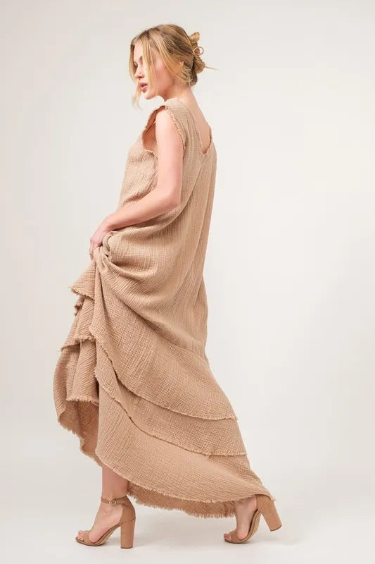 And The Why Washed Cotton Gauze Fringe Detail Tiered Dress - NeoKira Unlimited