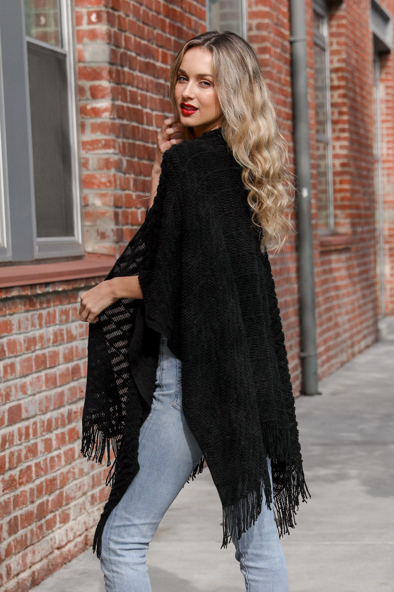 Diagonal Knit Tasseled Ruana - NeoKira Unlimited
