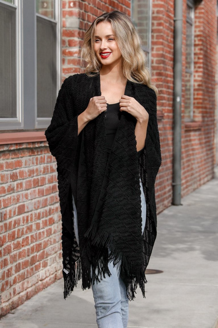 Diagonal Knit Tasseled Ruana - NeoKira Unlimited
