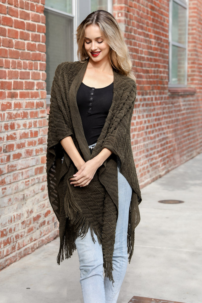 Diagonal Knit Tasseled Ruana Ponchos Leto Collection One Size Olive 