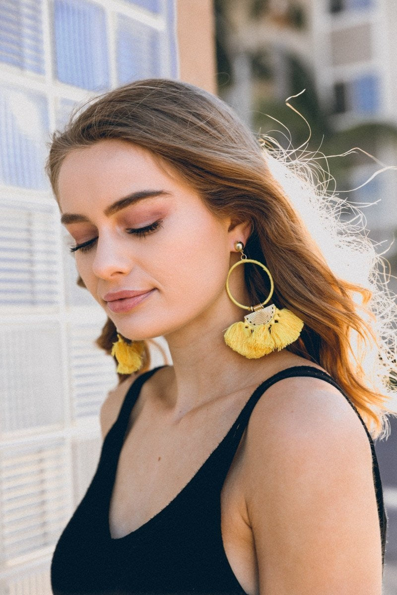 Drop Tassel Fan Earrings Earrings Leto Collection Yellow  