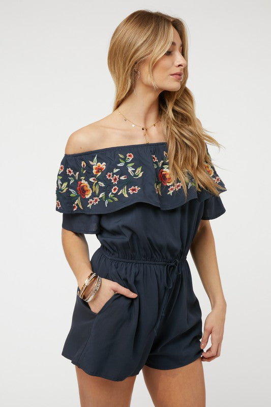 Floral Embroidered Off Shoulder Romper  Davi & Dani   