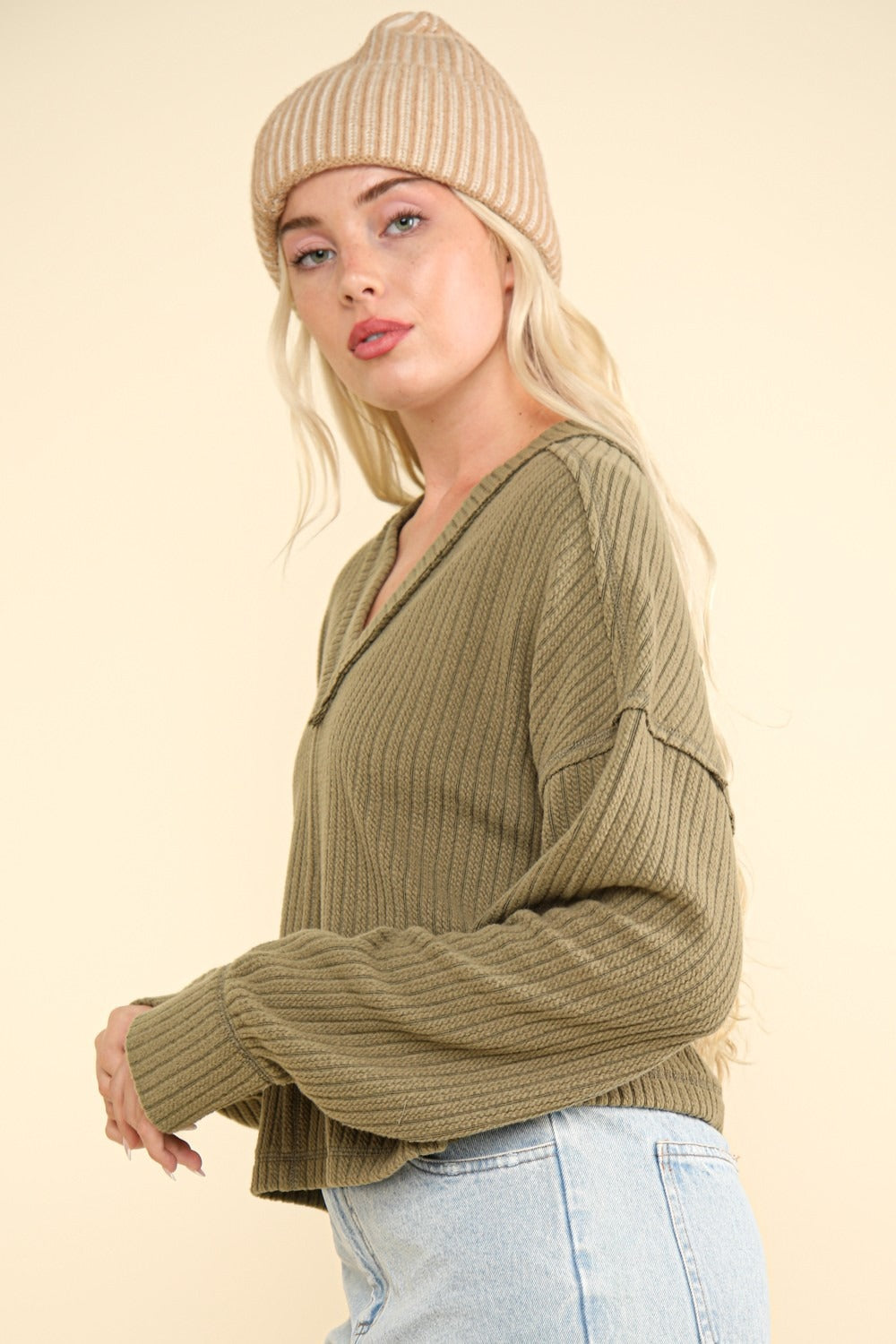 VERY J Exposed Seam V-Neck Ribbed Knit Top - NeoKira Unlimited