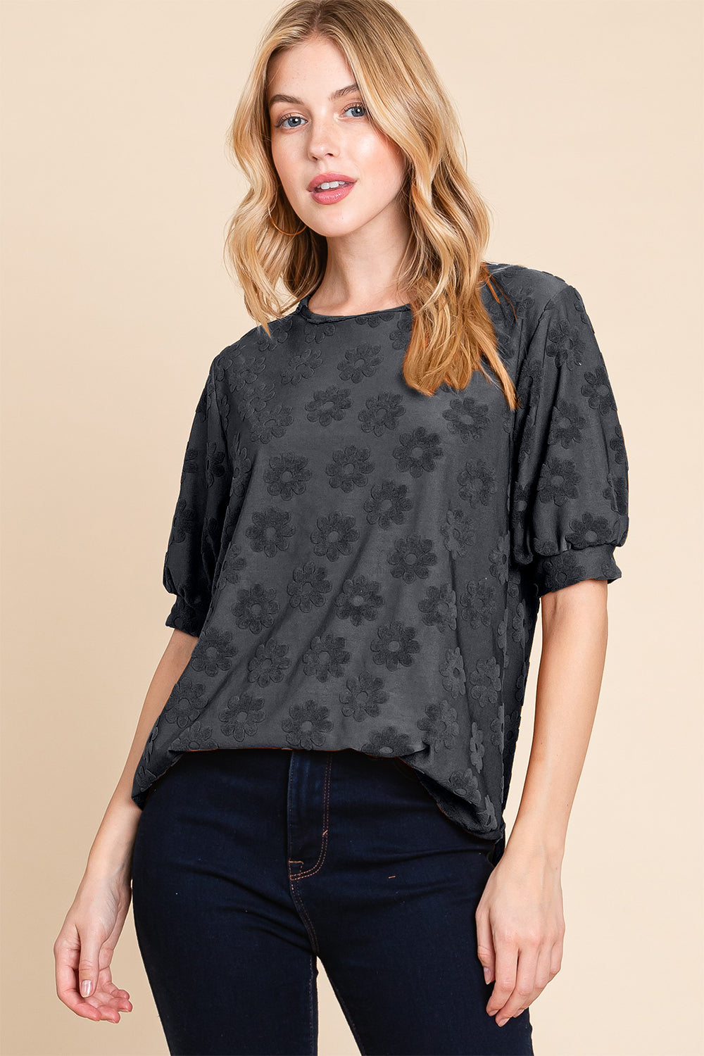 BOMBOM Textured Floral Pattern Top Top Trendsi Black S 