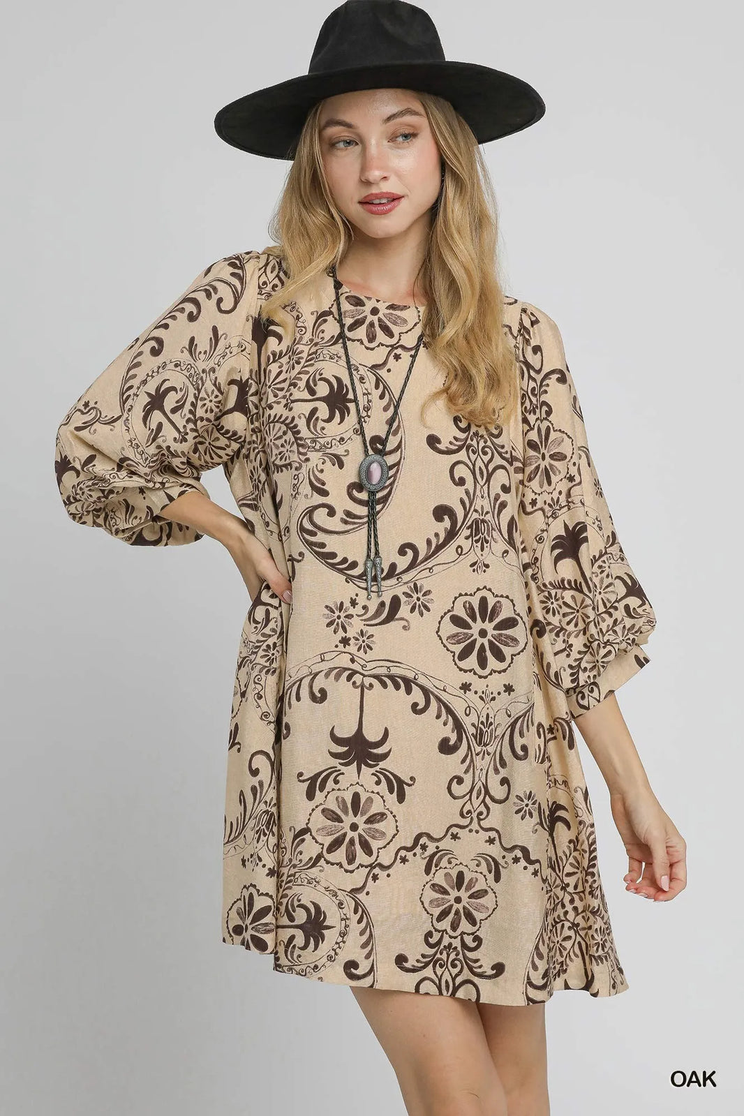 Umgee Boho Balloon Sleeve Paisley Mini Dress Vintage Oak Tones - NeoKira Unlimited