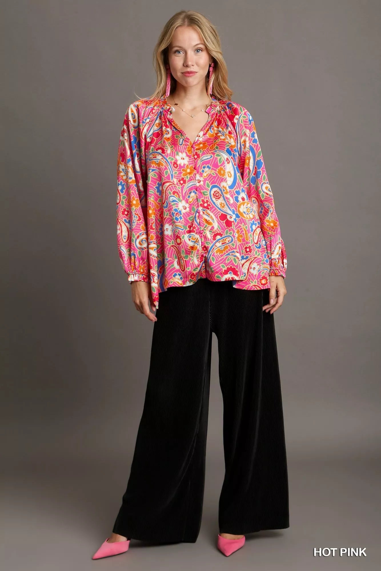 Umgee Boho Luxe Plus Size Satin Paisley Ruffle Neck Button Up Shirt - NeoKira Unlimited