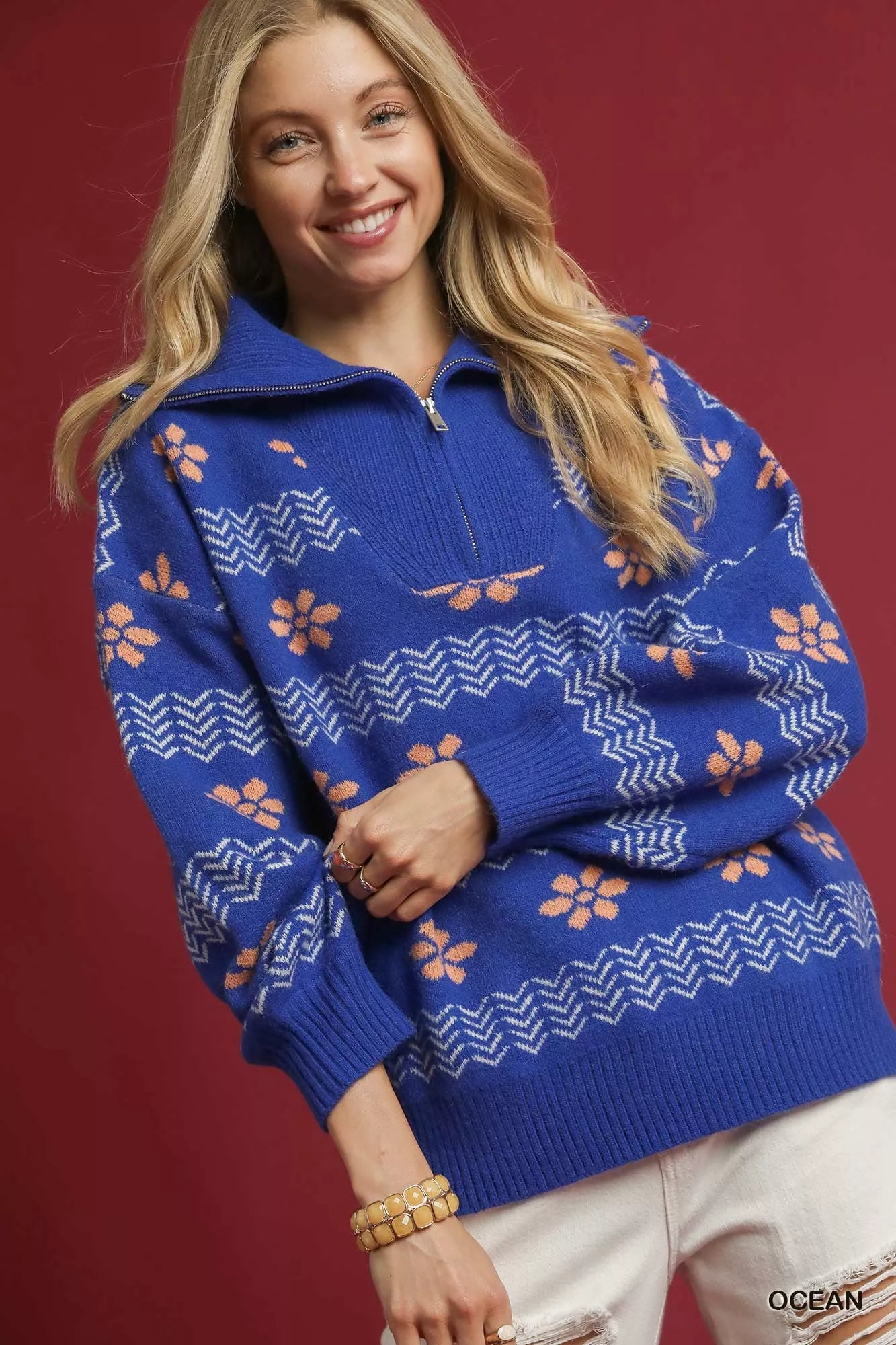 Umgee Floral Patterned Jacquard Quarter-Zip Pullover Sweater Boho Chic - NeoKira Unlimited