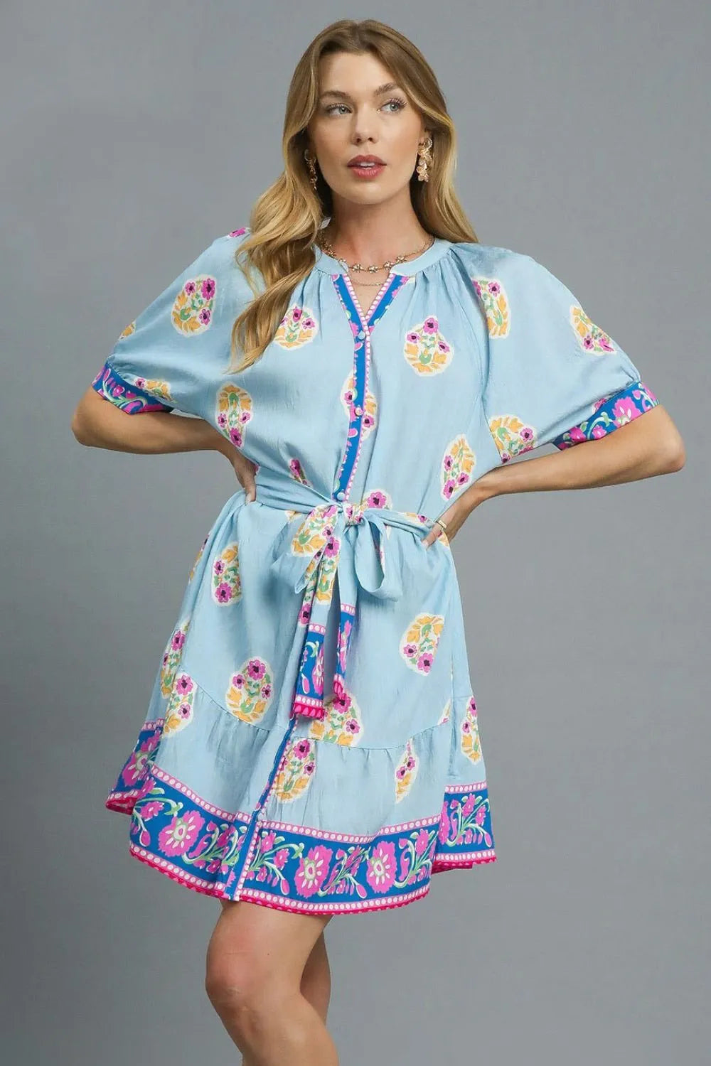 Umgee Boho Floral Blue Puff Sleeve Dress With Tie Waist And Trim Detail - NeoKira Unlimited