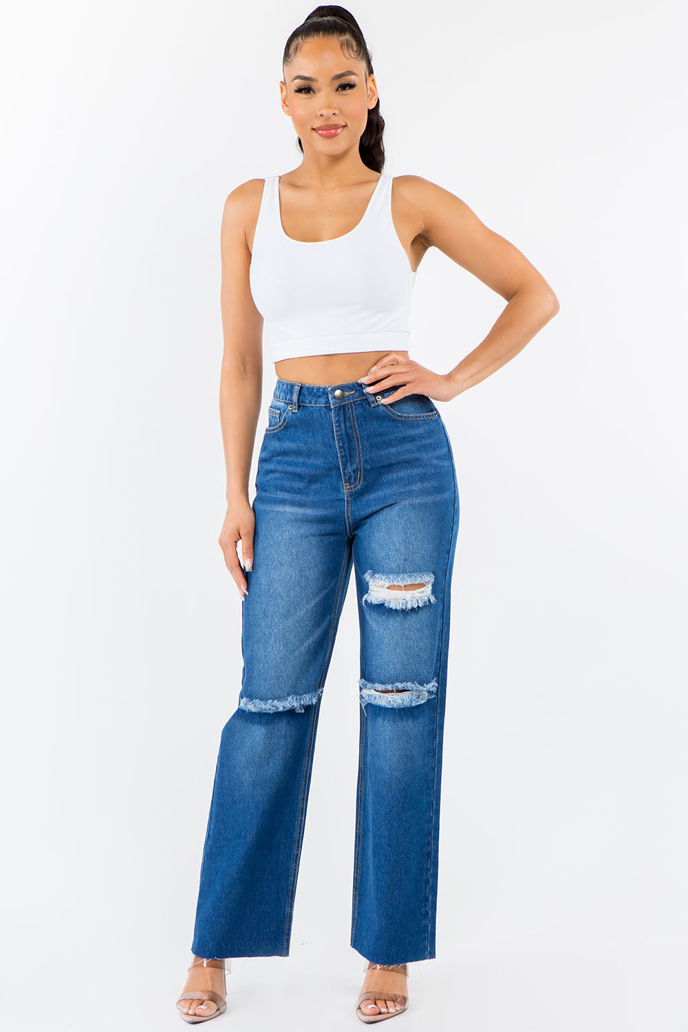 American Bazi High Waist Distressed Wide Leg Jeans Jeans Trendsi   