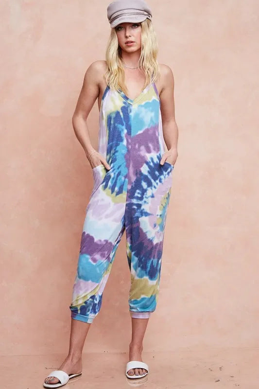 BiBi Tie Dye Knit Mid-length Casual Jumpsuit Vibrant Relaxed On Trend - NeoKira Unlimited