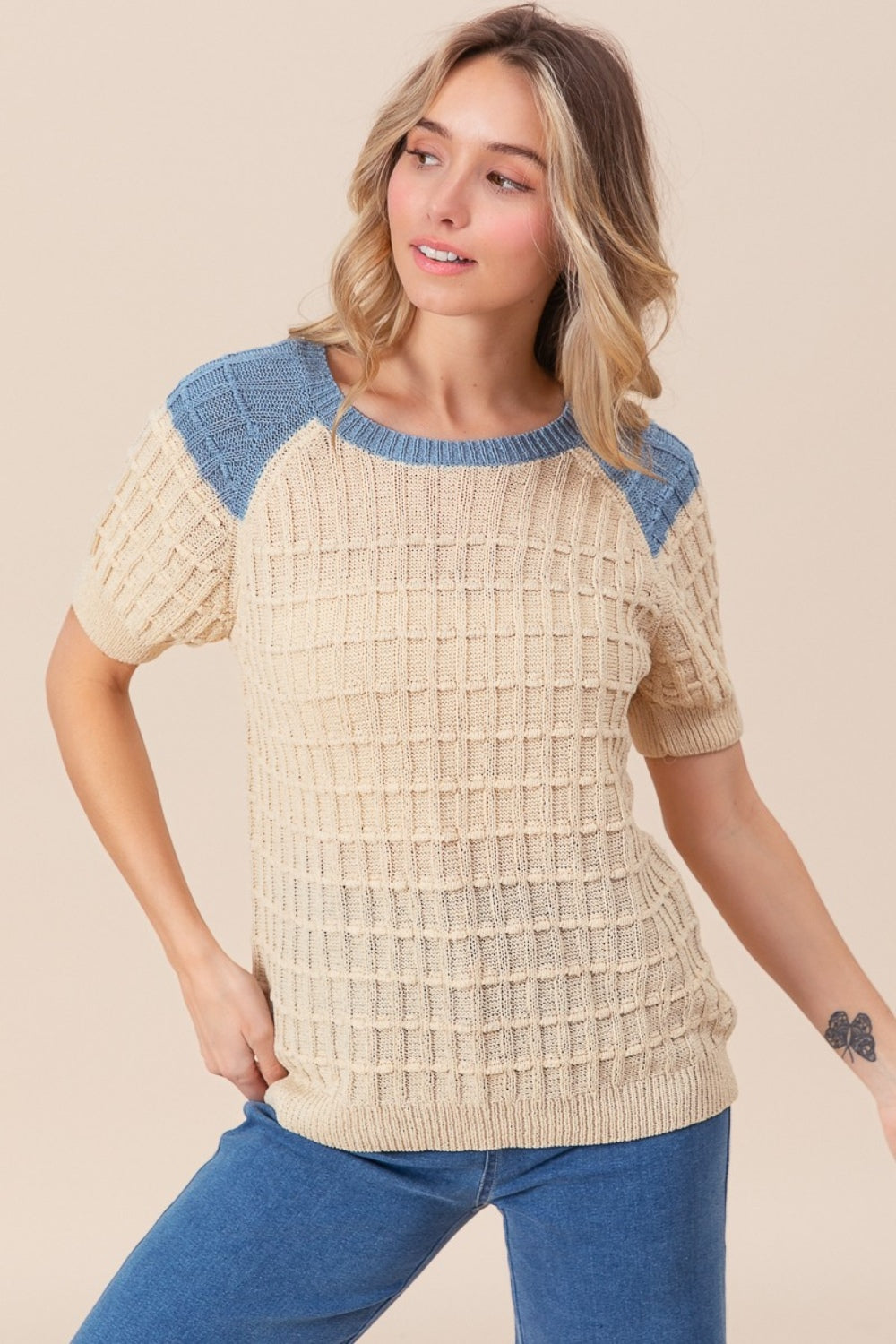 BiBi Textured Contrast Short Sleeve Sweater - NeoKira Unlimited