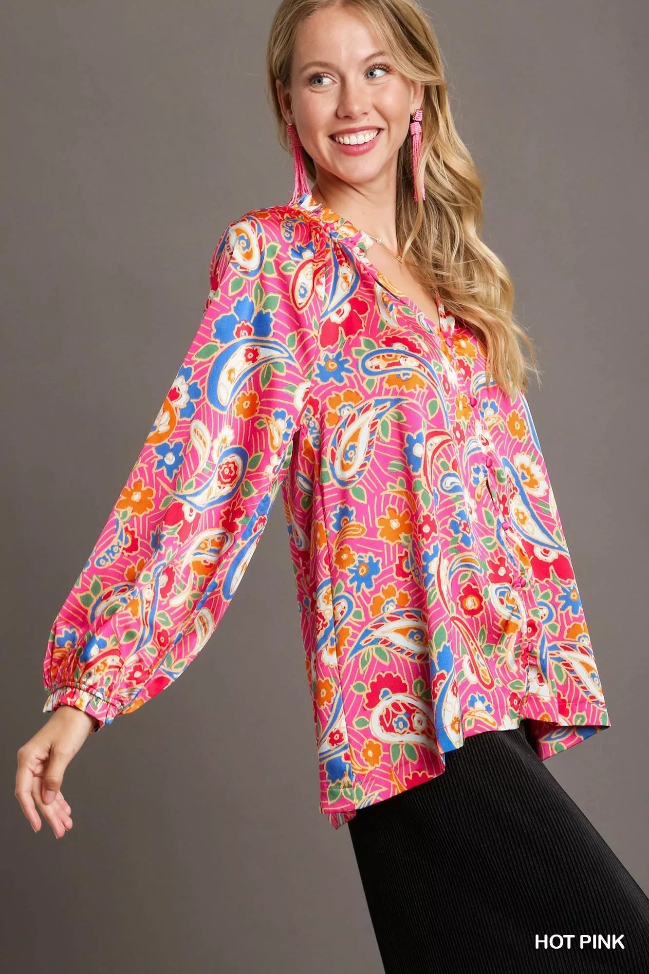 Umgee Boho Luxe Plus Size Satin Paisley Ruffle Neck Button Up Shirt - NeoKira Unlimited