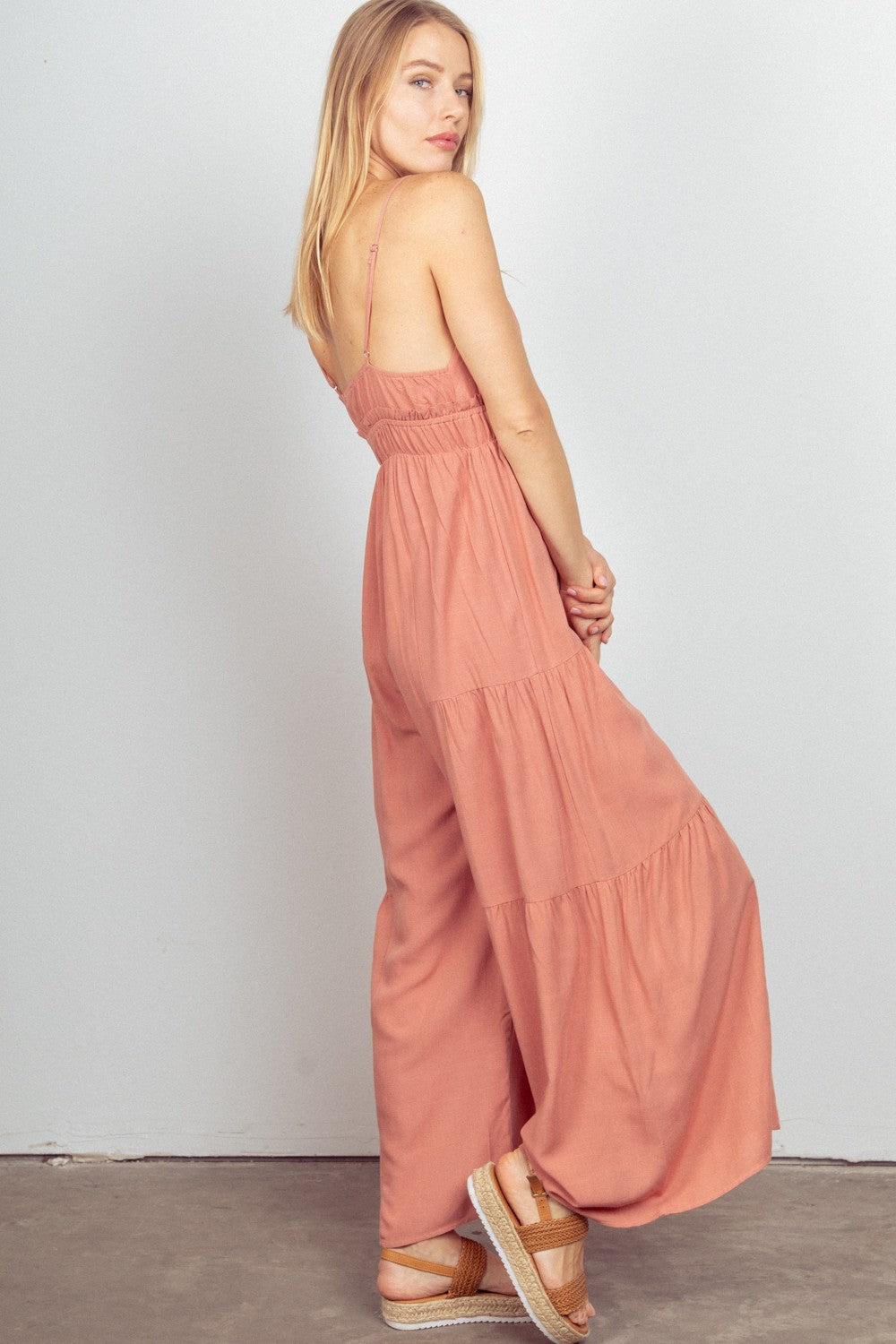 VERY J Sleeveless Ruched Wide Leg Jumpsuit Jumpsuits Trendsi   