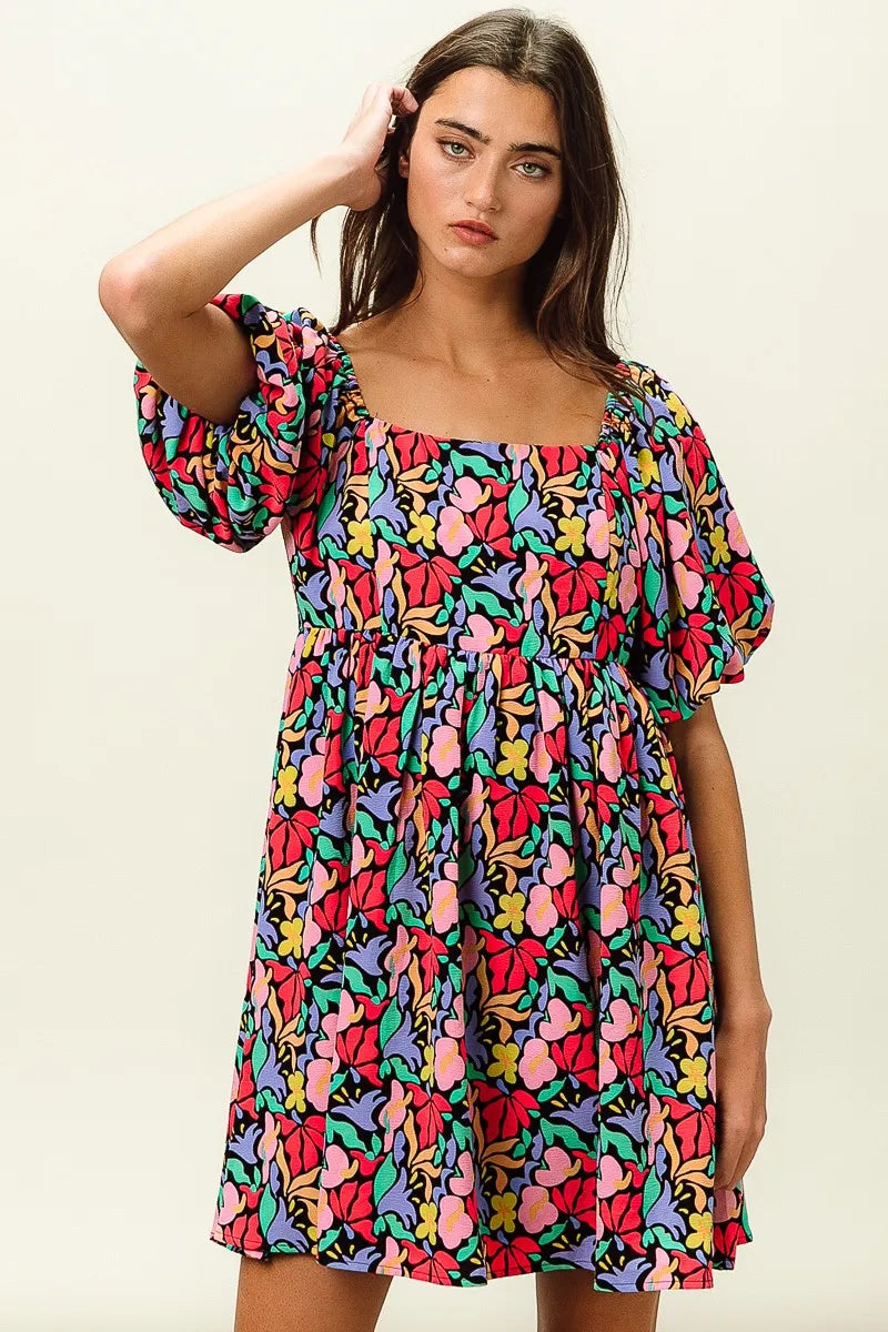 BiBi Tropical Boho Floral Print Puff Sleeve Square Neck Dress - NeoKira Unlimited