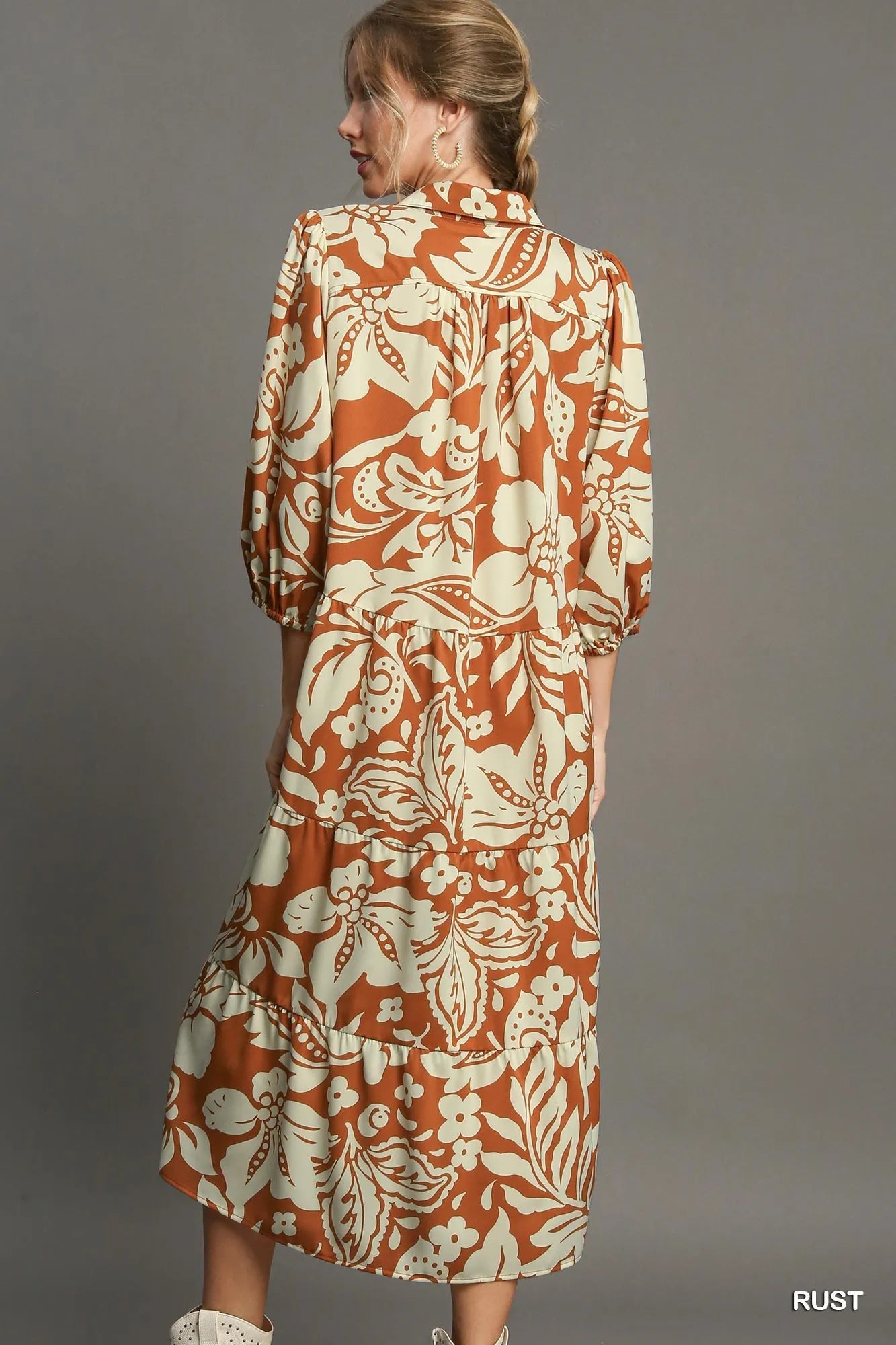 Umgee Full Size Floral Tiered Midi Shirt Dress Plus Size - NeoKira Unlimited
