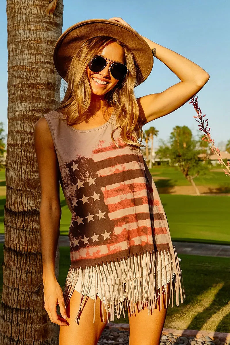 BiBi Distressed Flag Fringe Tank Top – Boho Americana Vibes - NeoKira Unlimited