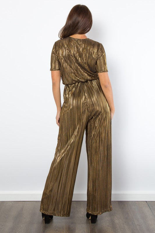 Be Stage Surplice Short Sleeve Pleated Foil Jumpsuit - NeoKira Unlimited
