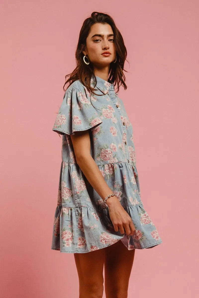 BiBi Vintage Style Blue Floral Washed Tiered Lightweight Mini Shirt Dress - NeoKira Unlimited