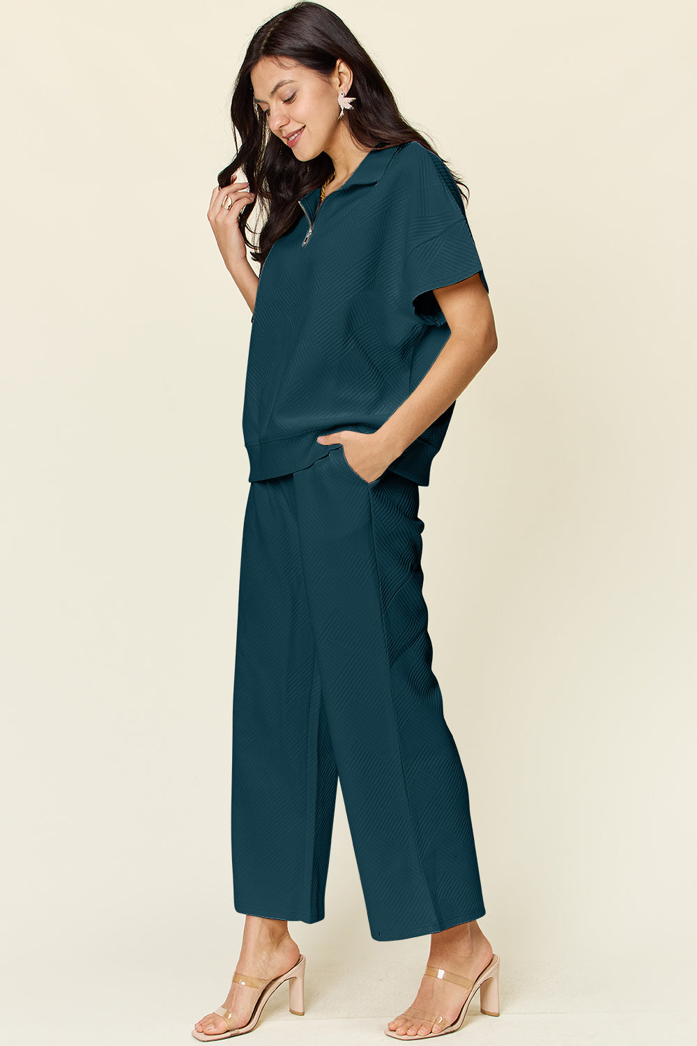 Double Take Full Size Texture Half Zip Short Sleeve Top and Pants Set - NeoKira Unlimited