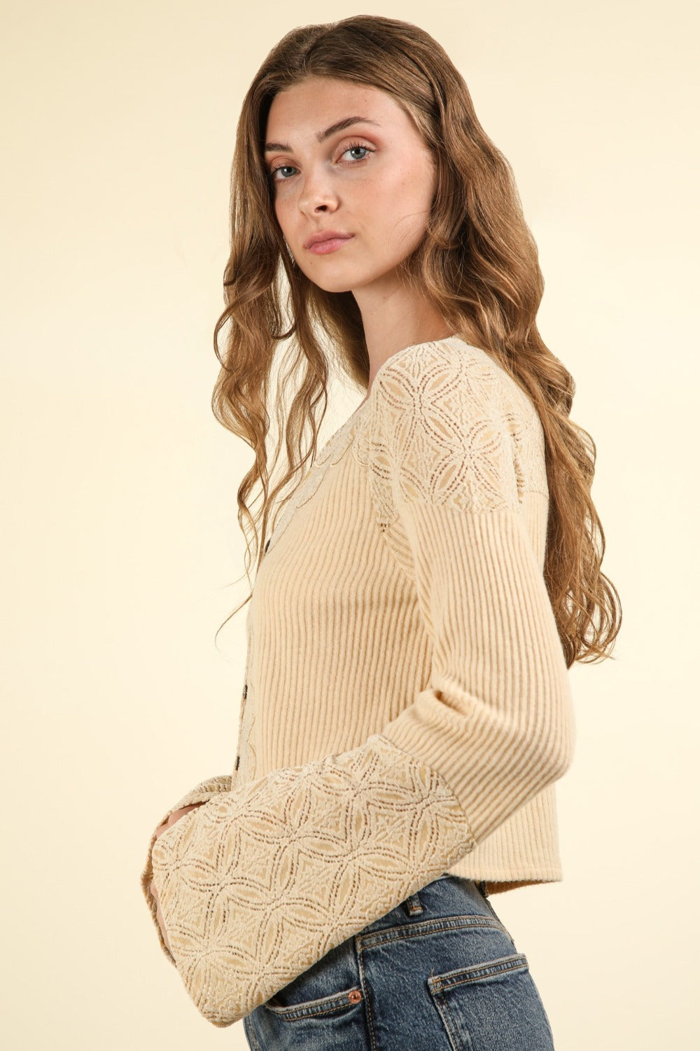 VERY J V-Neck Lace Detail Button Down Crop Ribbed Knit Top - NeoKira Unlimited