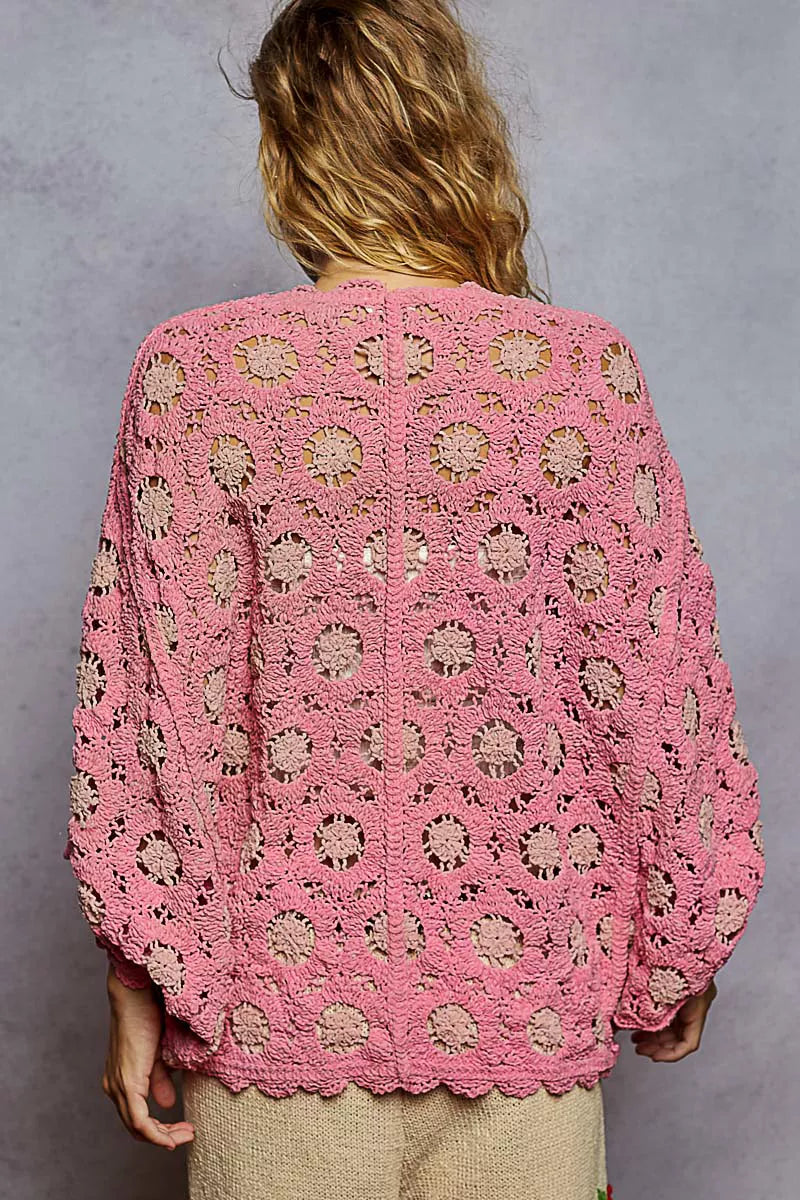 POL Boho Chic Openwork V-Neck Chenille Cardigan with Contrast Floral - NeoKira Unlimited