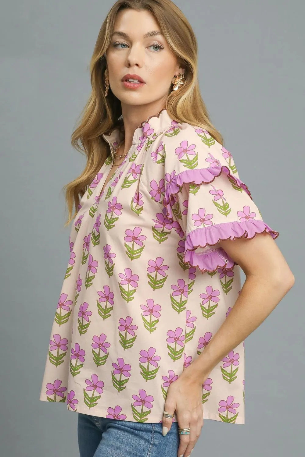Umgee Floral Print Ruffle Short Sleeve Blouse - NeoKira Unlimited
