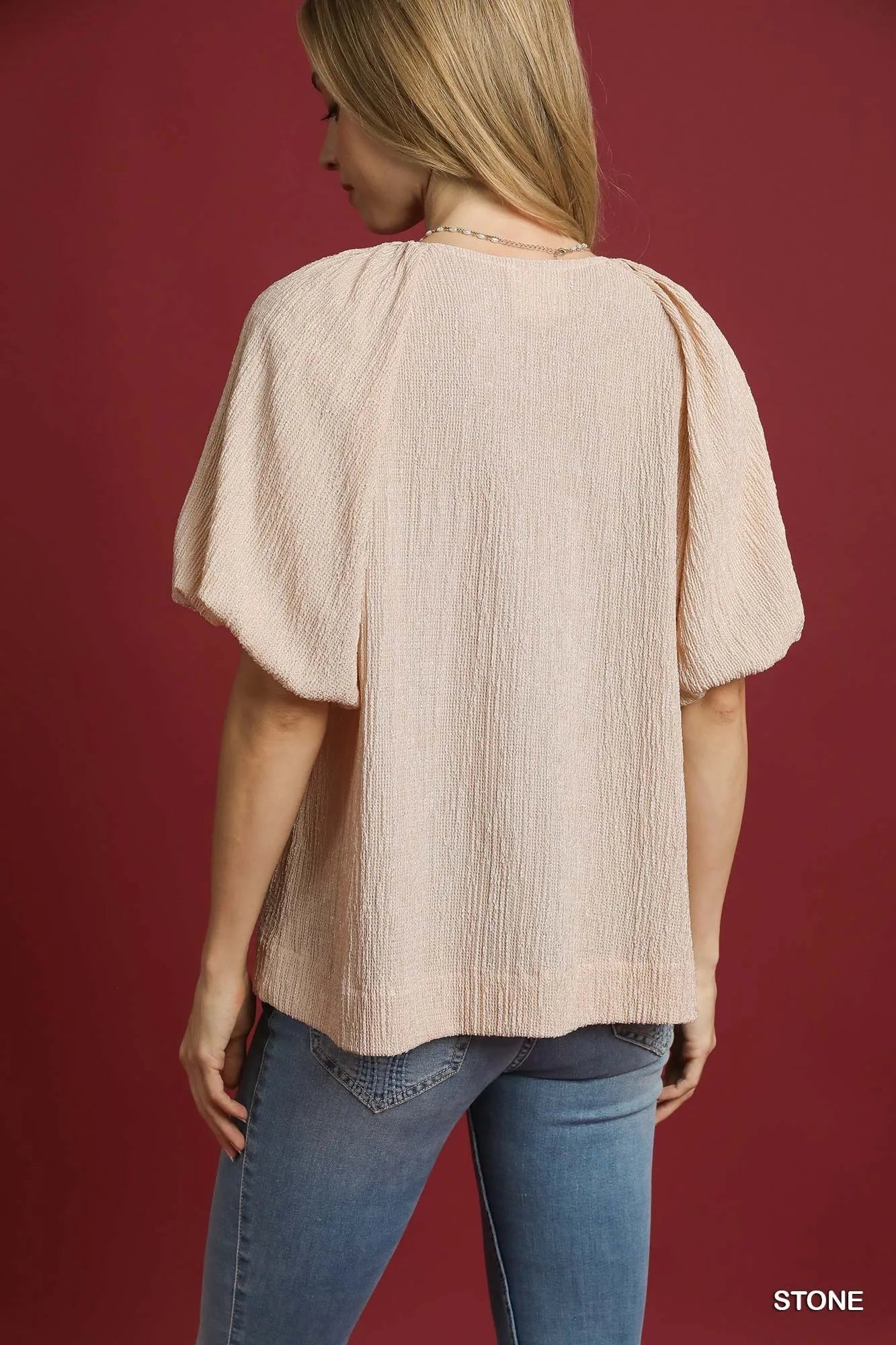 Umgee Beige Minimalist Puff Sleeve Blouse Soft Textured Fabric - NeoKira Unlimited