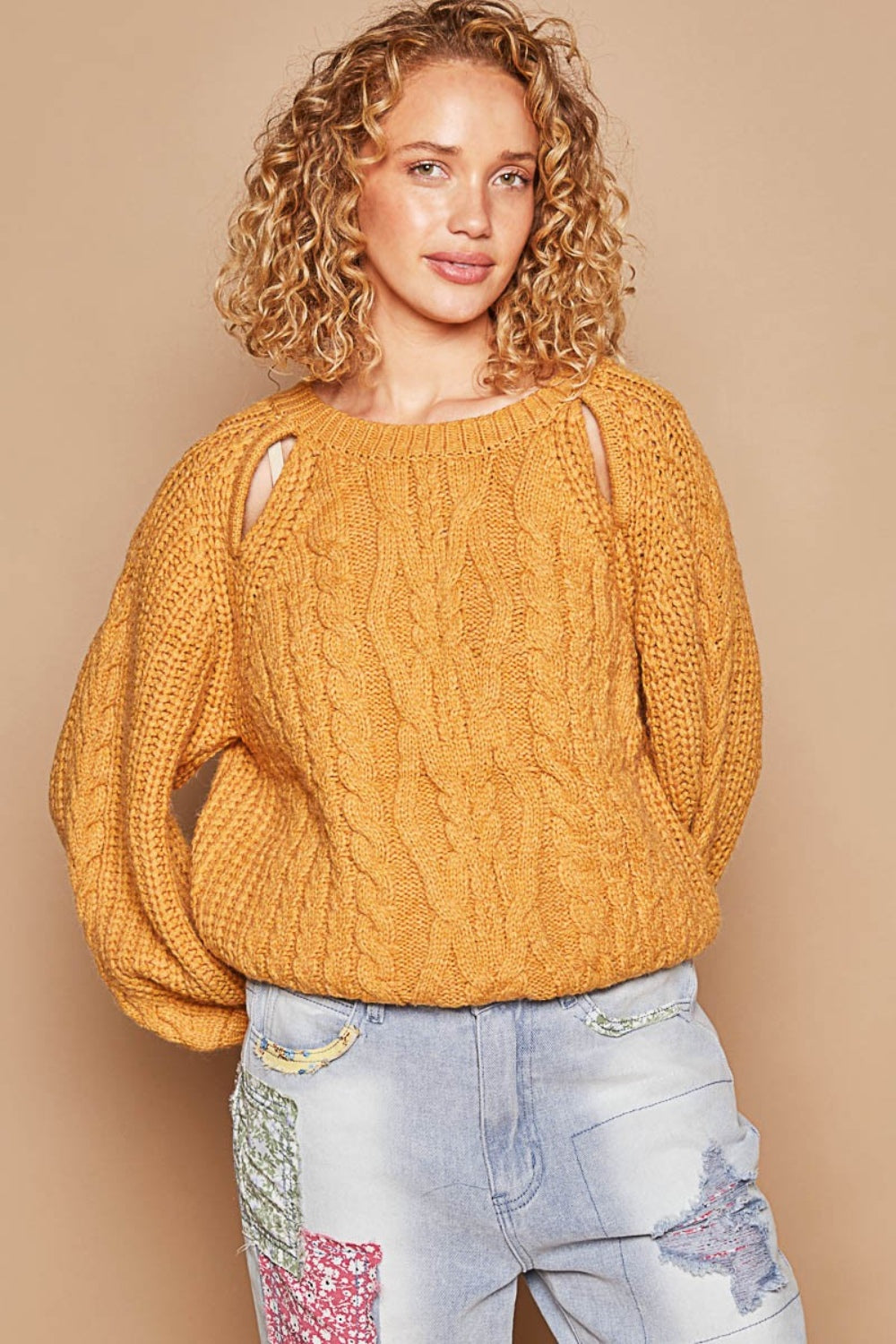 POL Cable Knit Cutout Long Sleeve Sweater Sweater Trendsi   