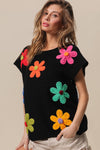 BiBi Flower Round Neck Cap Sleeve Knit Top Top Trendsi   