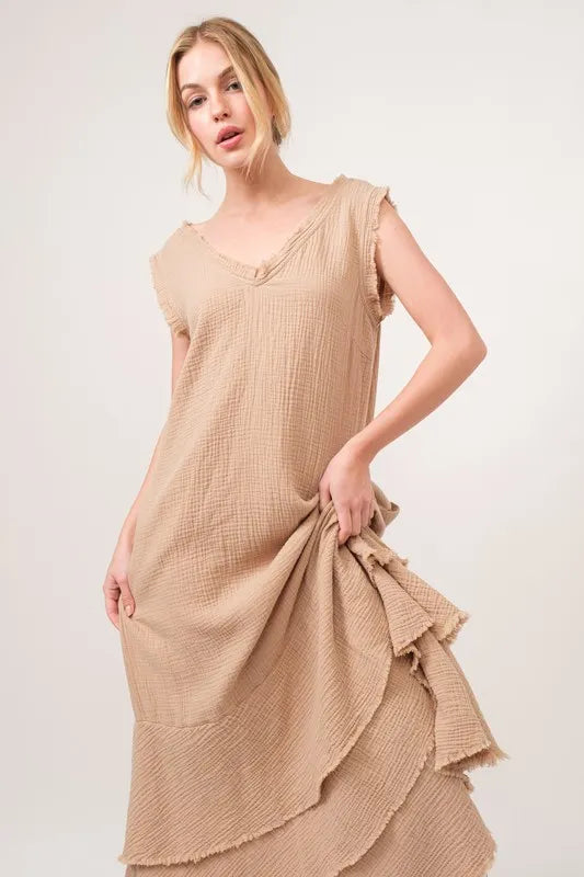 And The Why Washed Cotton Gauze Fringe Detail Tiered Dress - NeoKira Unlimited