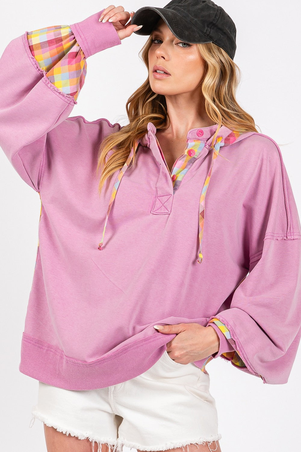 SAGE + FIG Full Size Plaid Print Washed Hoodie - NeoKira Unlimited