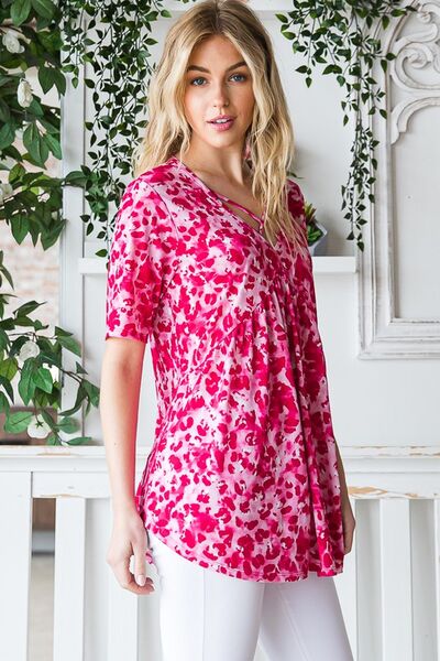 Heimish Full Size Short Sleeve Crisscross Animal Babydoll Top Plus Size - NeoKira Unlimited