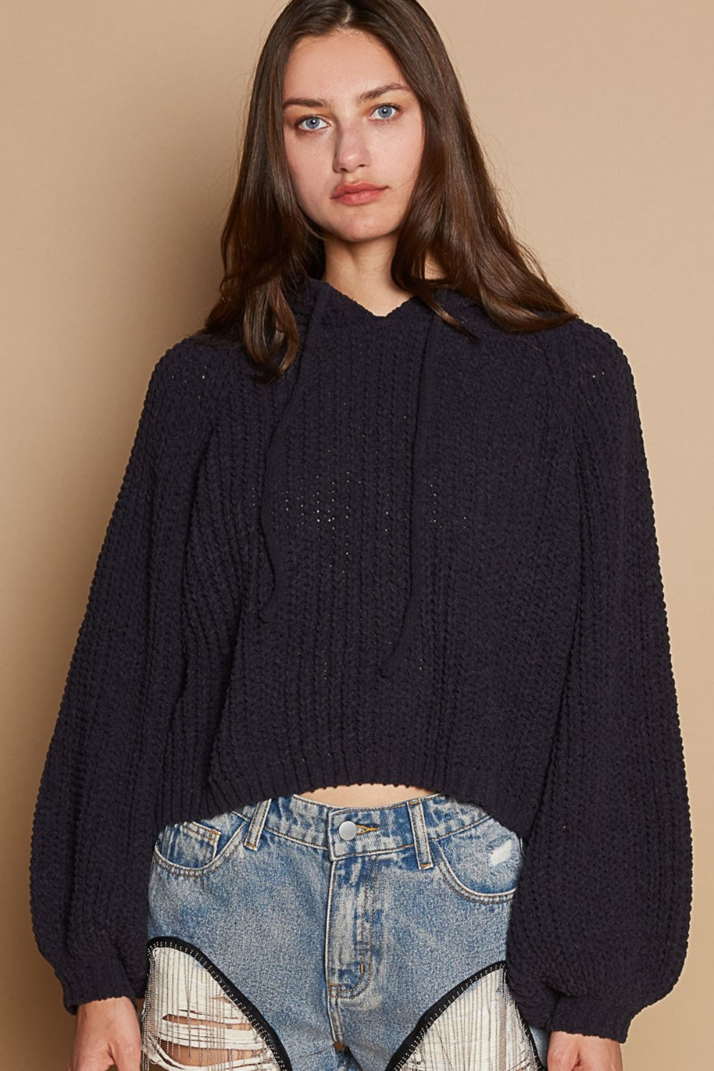 POL Back Open Slit Balloon Sleeve Crop Hooded Sweater - NeoKira Unlimited