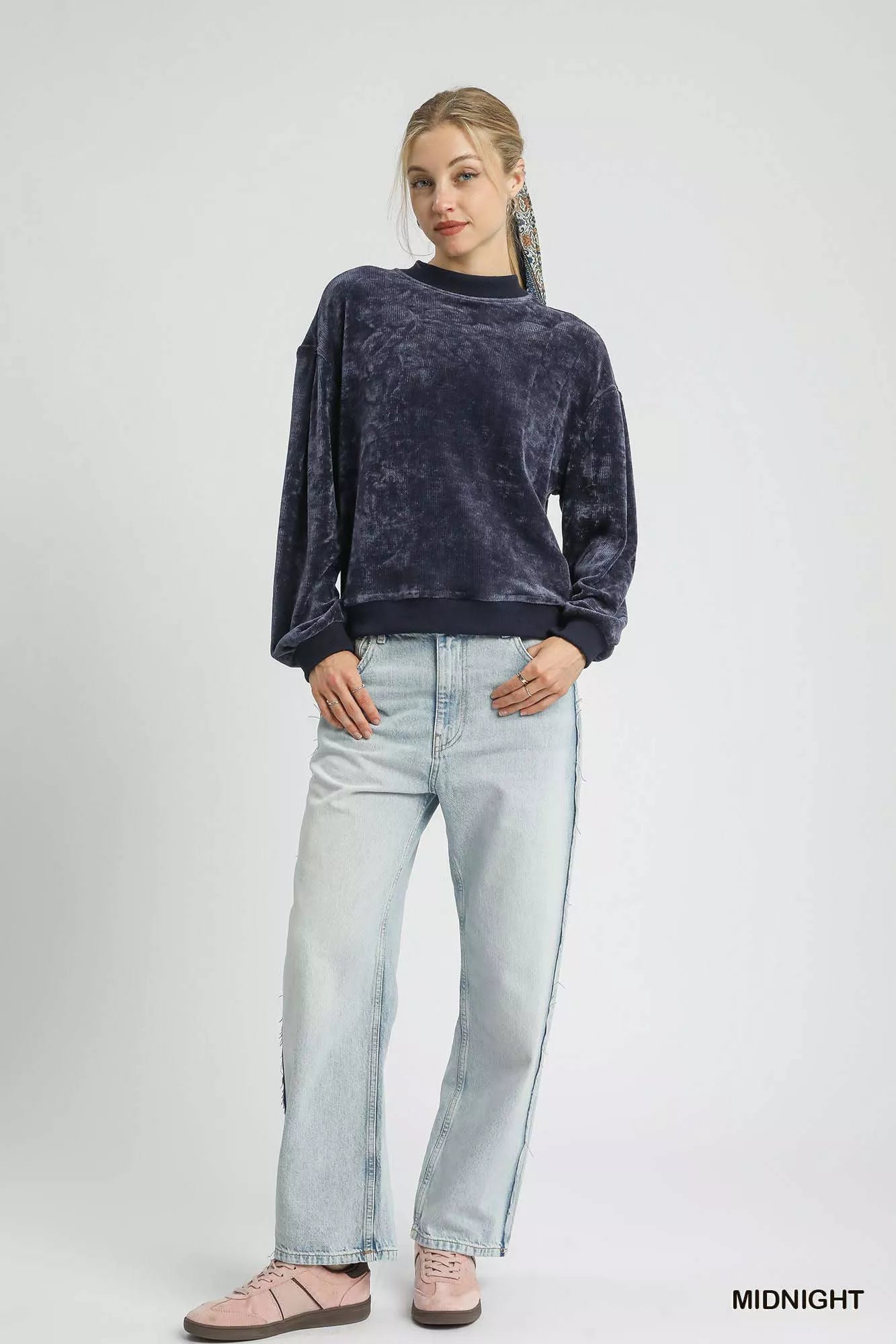 Umgee Cozy Luxe Velour Crewneck Balloon Sleeve Sweatshirt - NeoKira Unlimited