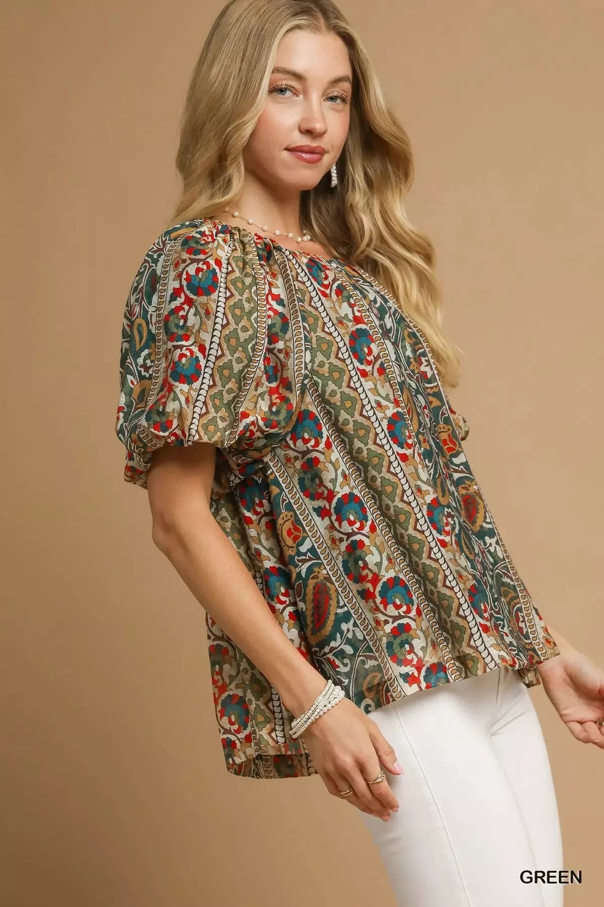 Umgee Boho Floral Stripe Puff Sleeve Blouse - NeoKira Unlimited