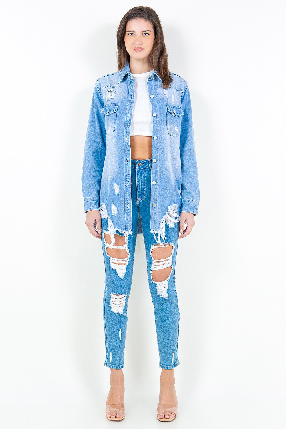 American Bazi Frayed Hem Distressed Denim Shirt Jacket - NeoKira Unlimited