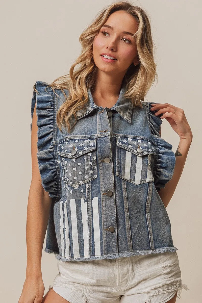 BiBi American Flag Washed Denim Jacket - NeoKira Unlimited