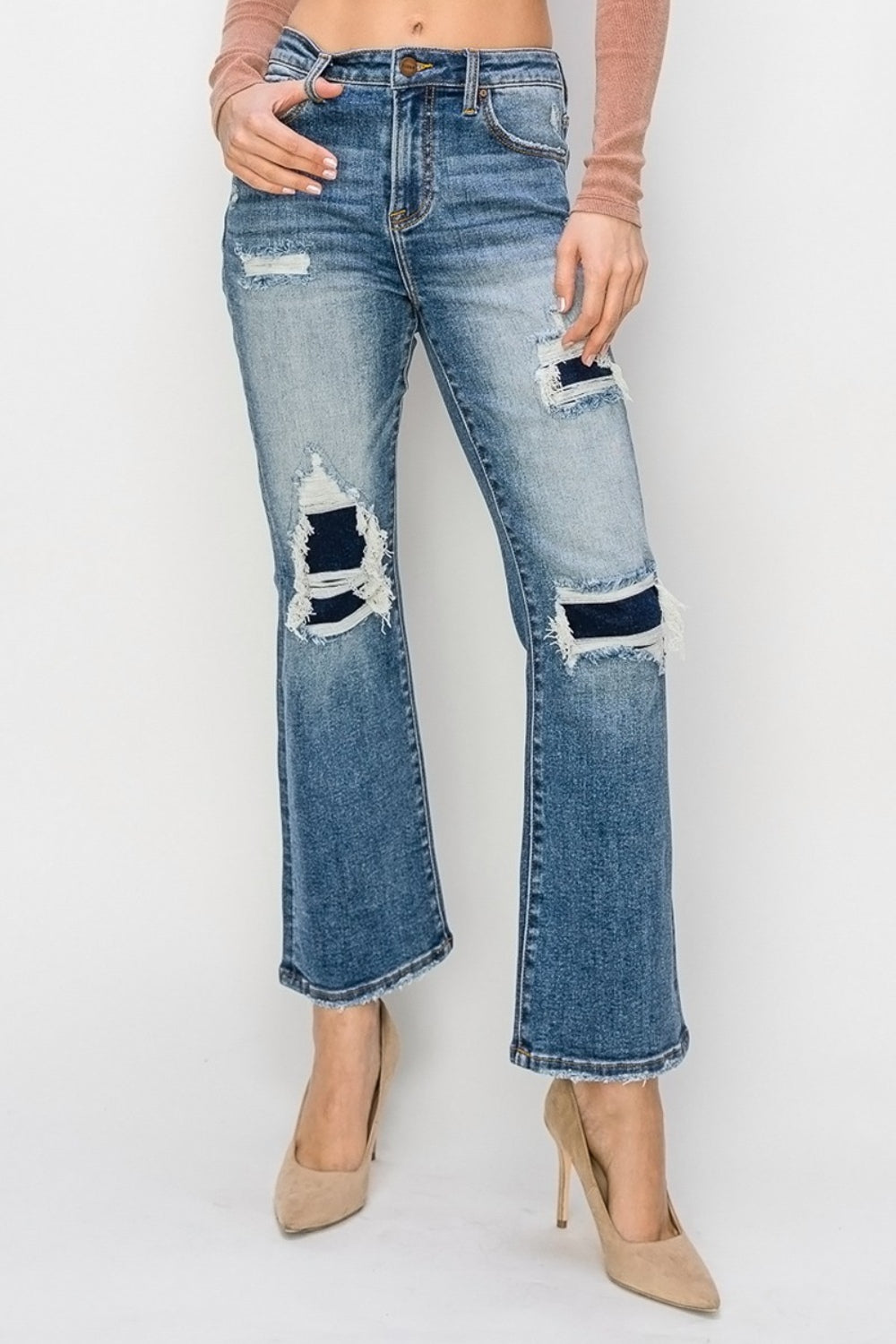 Risen Full Size High Rise Distressed Ankle Flare Jeans Jeans Trendsi   