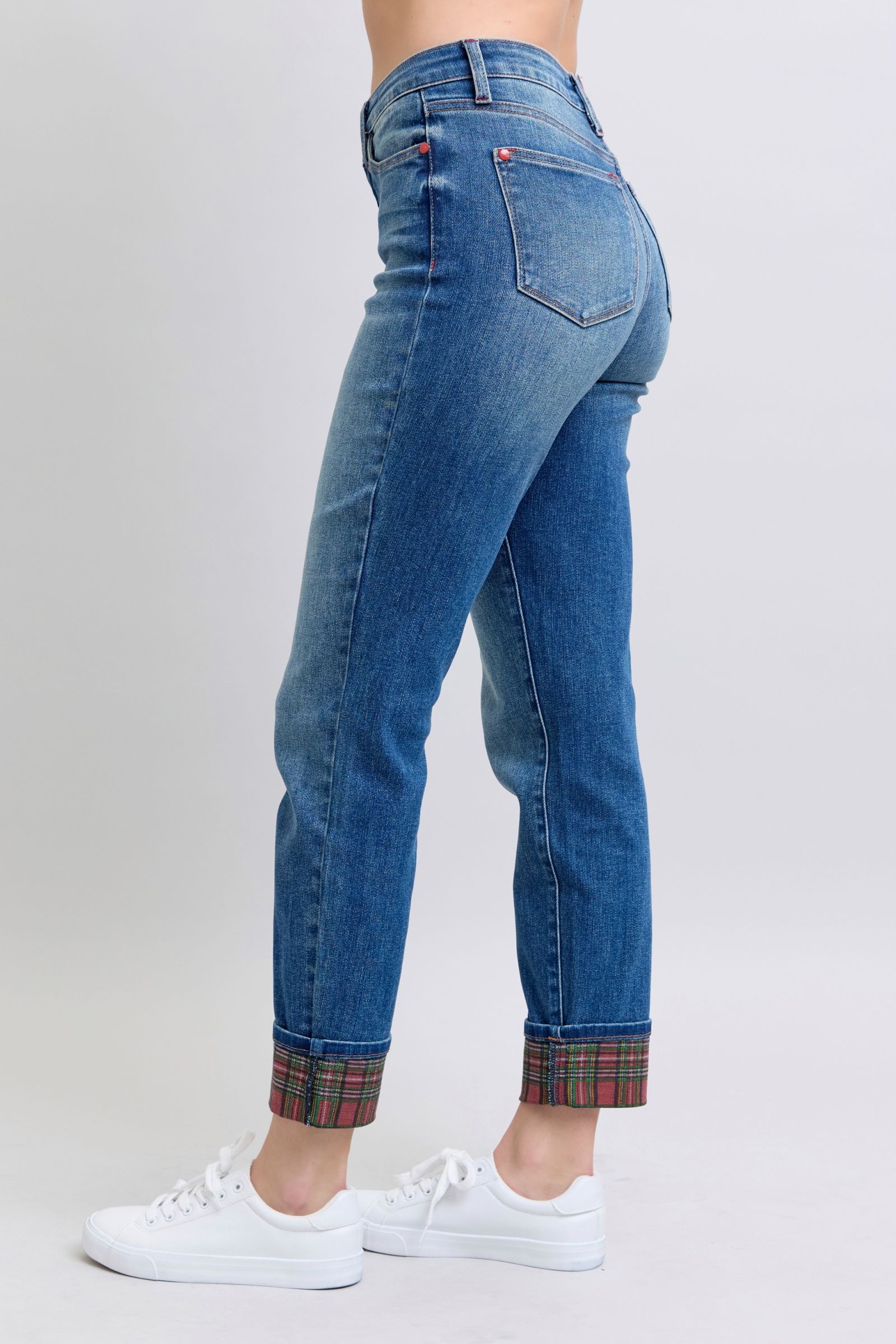 Judy Blue Full Size Plaid Print Cuff Straight Leg Jeans with Pockets - NeoKira Unlimited