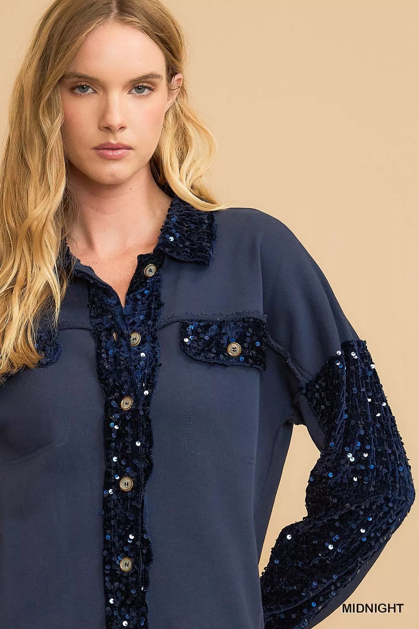 Umgee Sequined French Terry Jacket Boho Glam Casual Style - NeoKira Unlimited