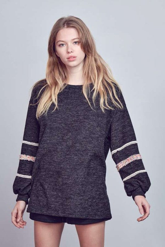 Jade By Jane Oversized Bubble Sleeve Tunic | Tweed Trim Statement Casual Chic - NeoKira Unlimited