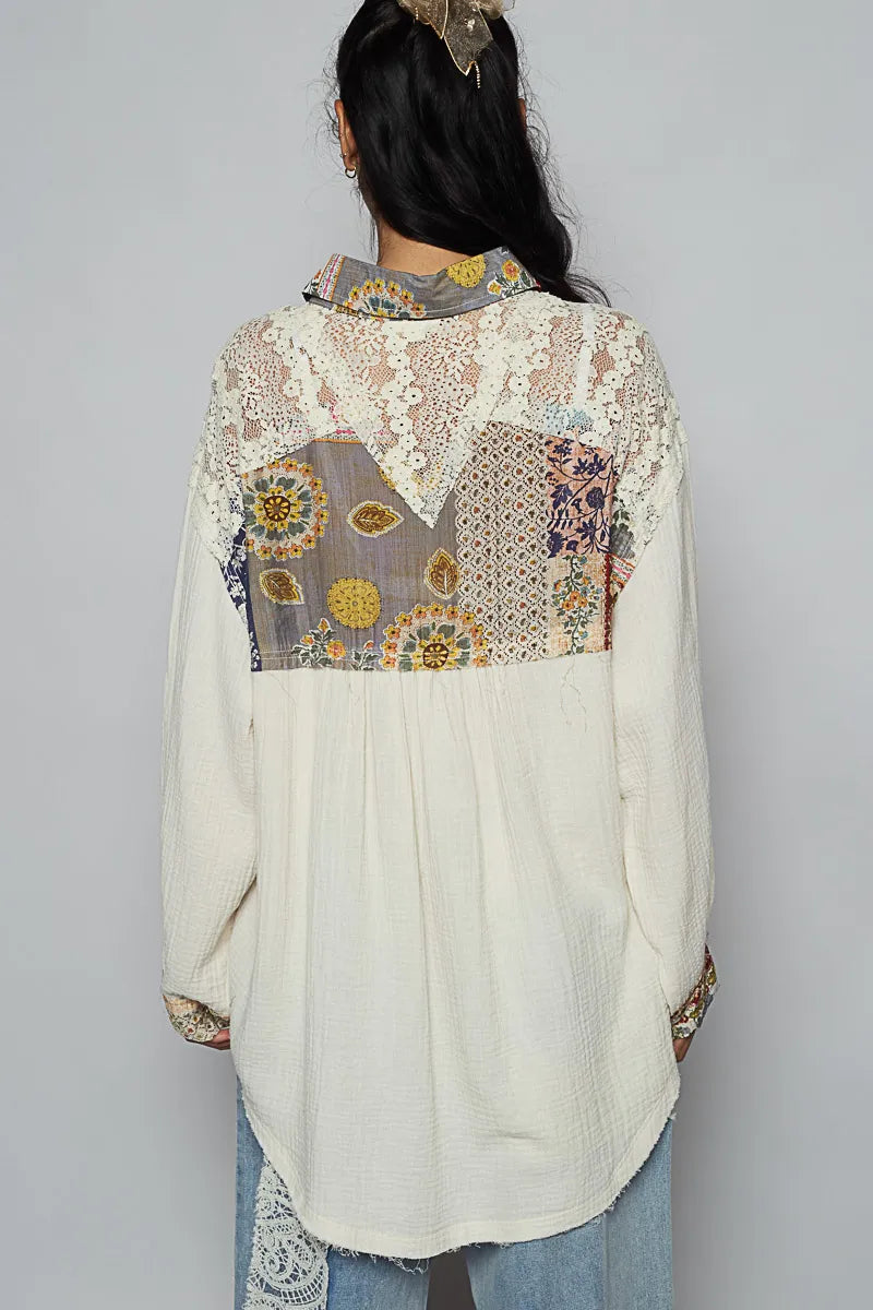 POL Lace Patchwork Floral Trim Long Sleeve Shirt - NeoKira Unlimited