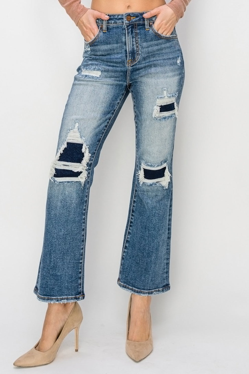 Risen Full Size High Rise Distressed Ankle Flare Jeans Jeans Trendsi   