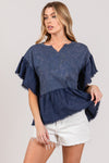 SAGE + FIG Ruffle Sleeve Washed Short Sleeve Blouse Blouse Trendsi   